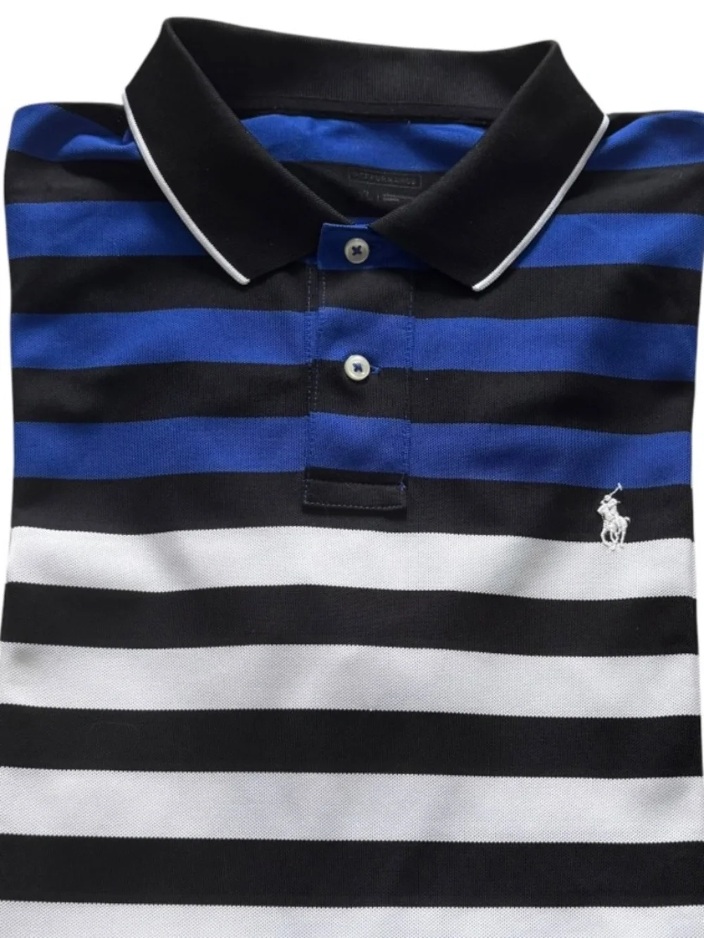 Polo Ralph Lauren Performance White Black Blue Stripe Polo Shirt XL Mens